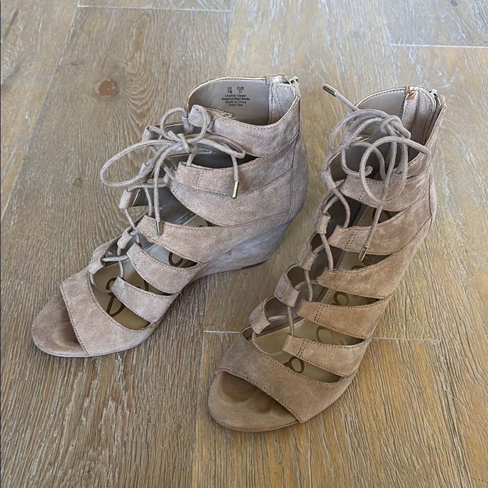 Sam Edelman Santina Oatmeal Lace-Up Wedge Sandals